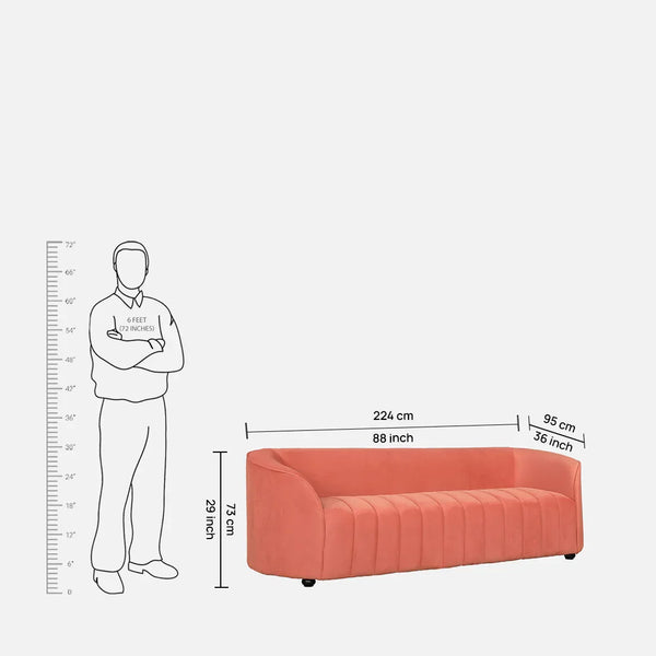 Elise Velvet Fabric Sofa | Rust | 3 Seater dimensions