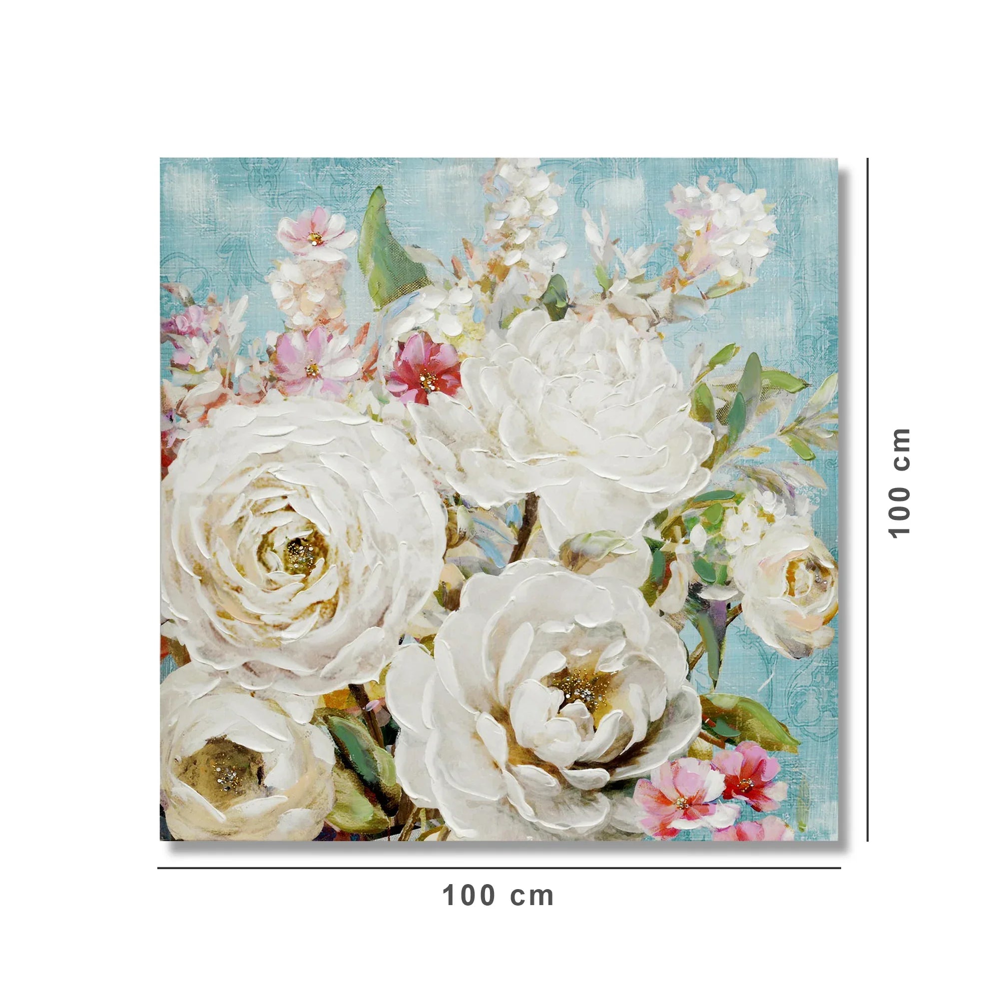 Ilona Fancy Flowers Handmade Canvas Painting With Glitter 100x100 Cm in White Colour - HomeTown