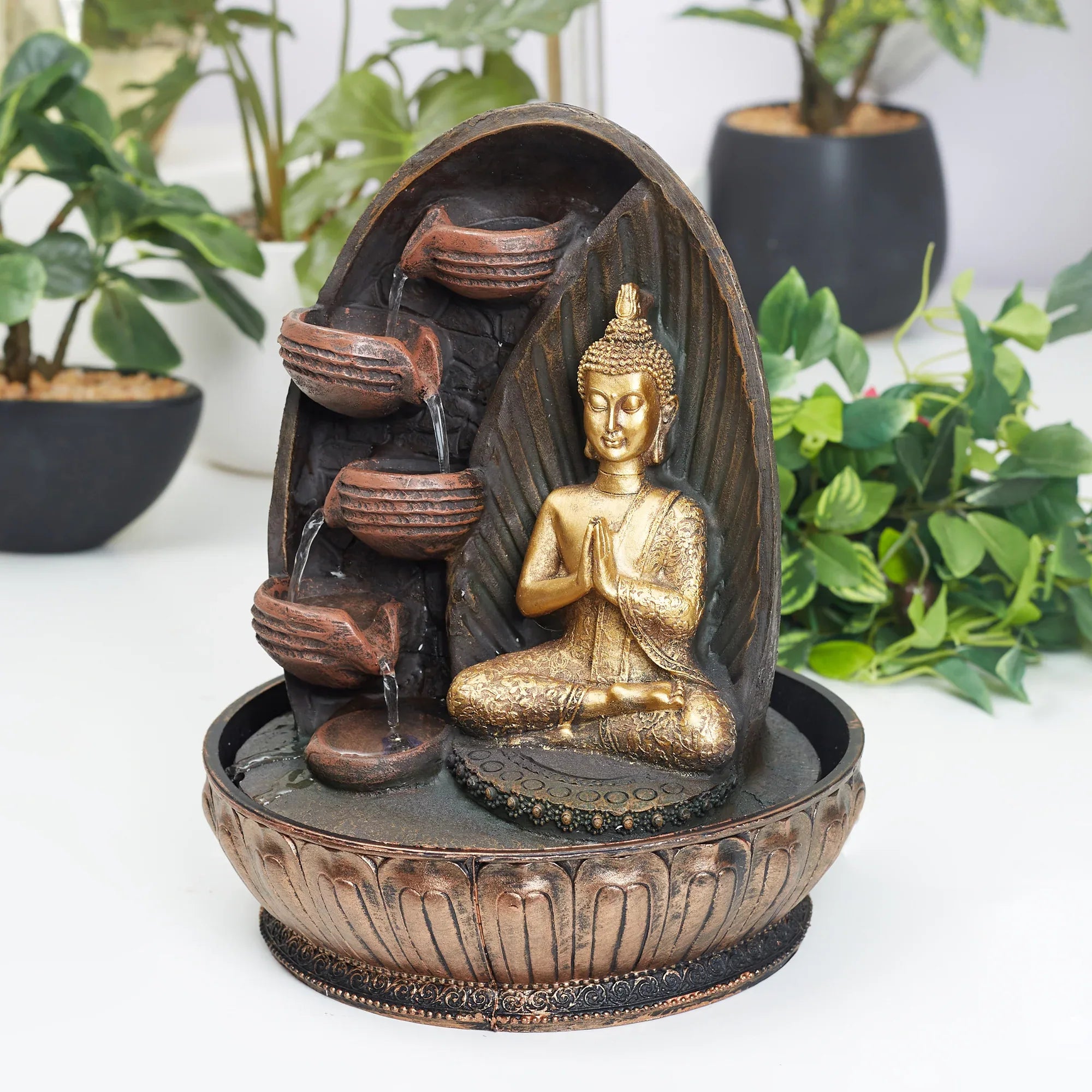 Impression Polyresin Buddha Drops Water Fountain 23x23x29 Cm in Antique Gold Colour
