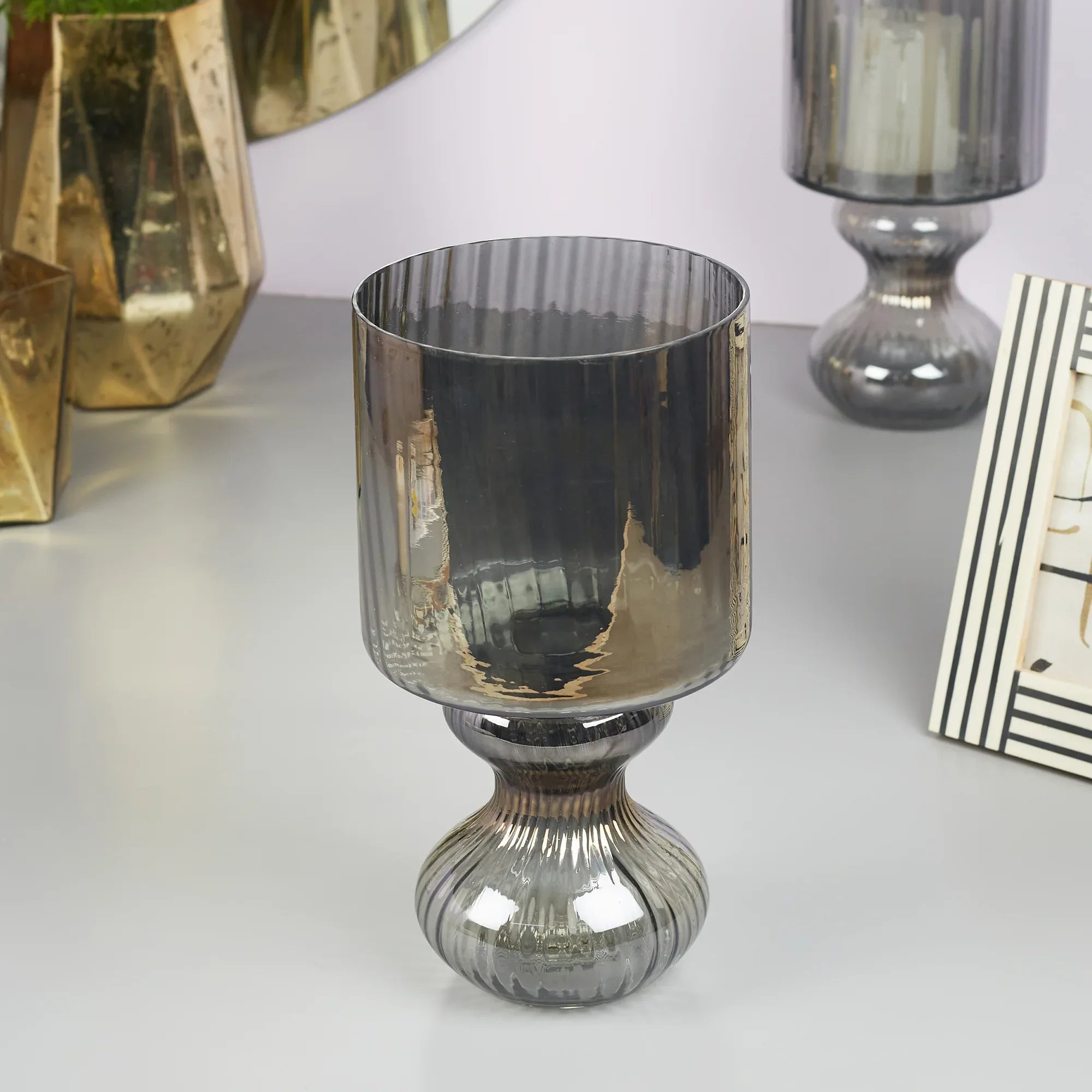 Phiona Glass Fluted Handcrafted Hurricane 29Cm in Black Colour - HomeTown