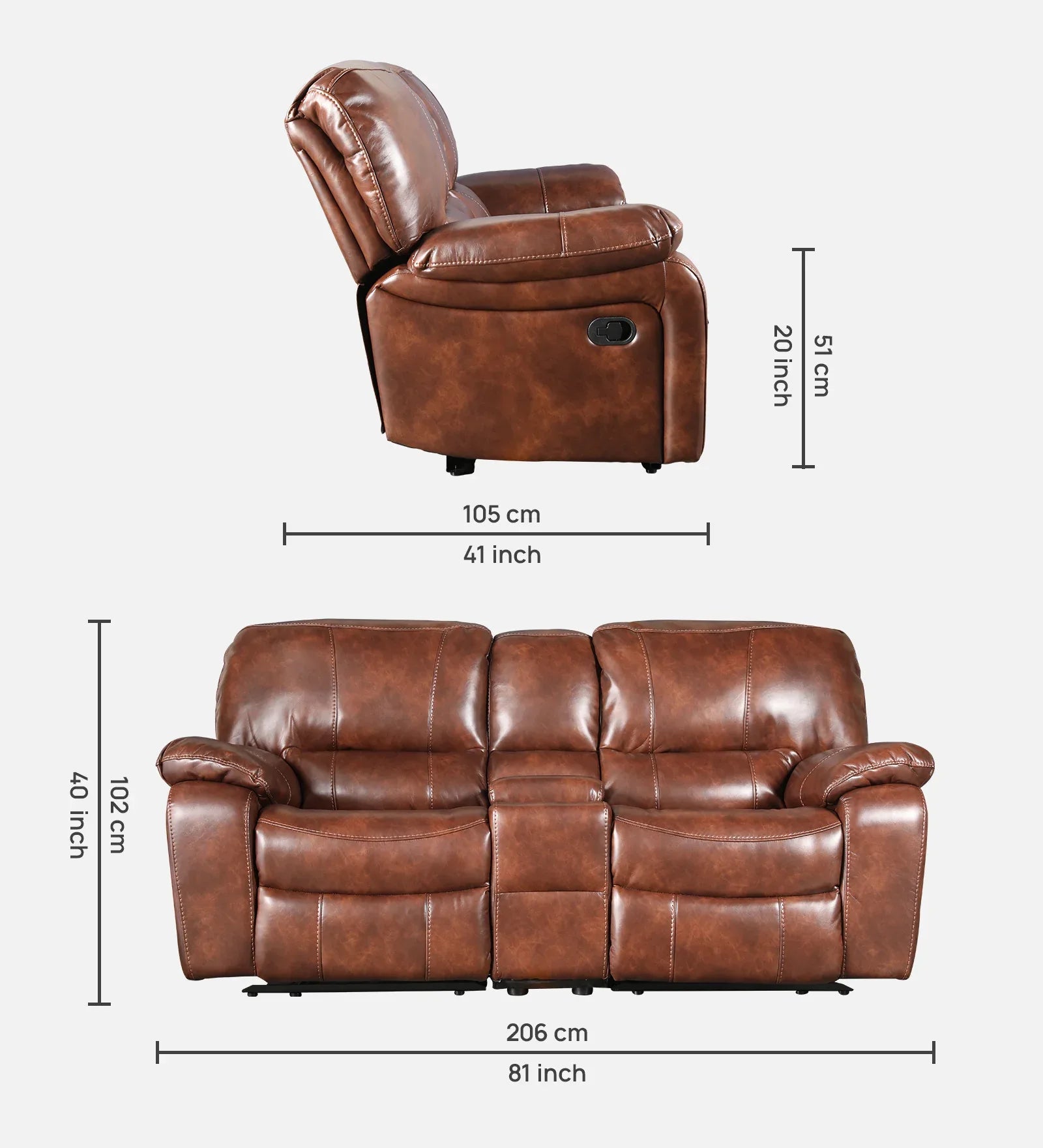 Urbano Leather Fabric Two Seater Recliner with Console in Brown Colour - HomeTown