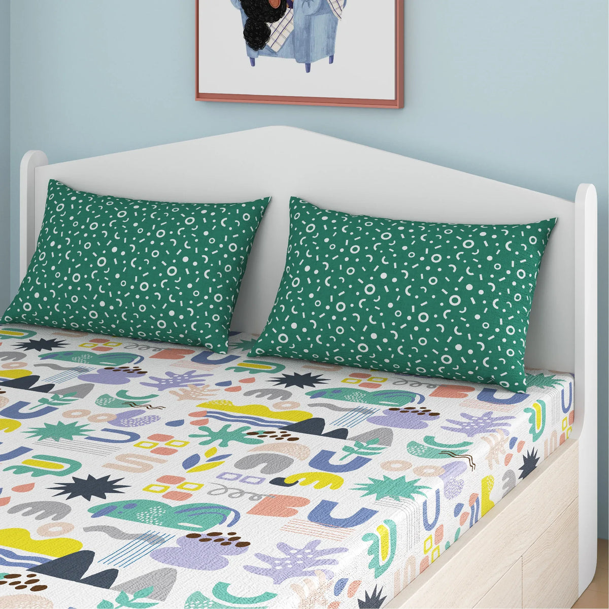 Oodles of Doodles Bamboo Cotton Queen Fitted Bedsheet in Multi Colour - HomeTown