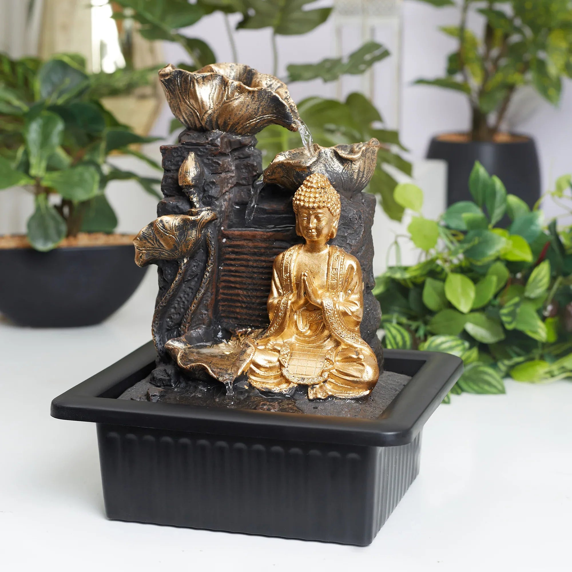 Impression Polyresin Buddha Petal Water Fountain 21x17x25 Cm in Antique Gold Colour - HomeTown