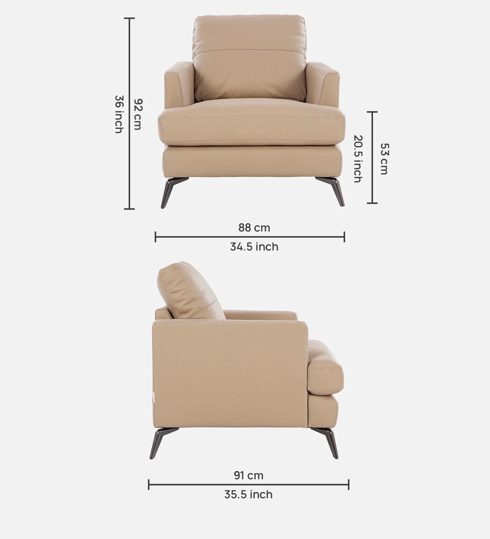 Soren Half Leather Single Seater Sofa in Mushroom Colour - HomeTown