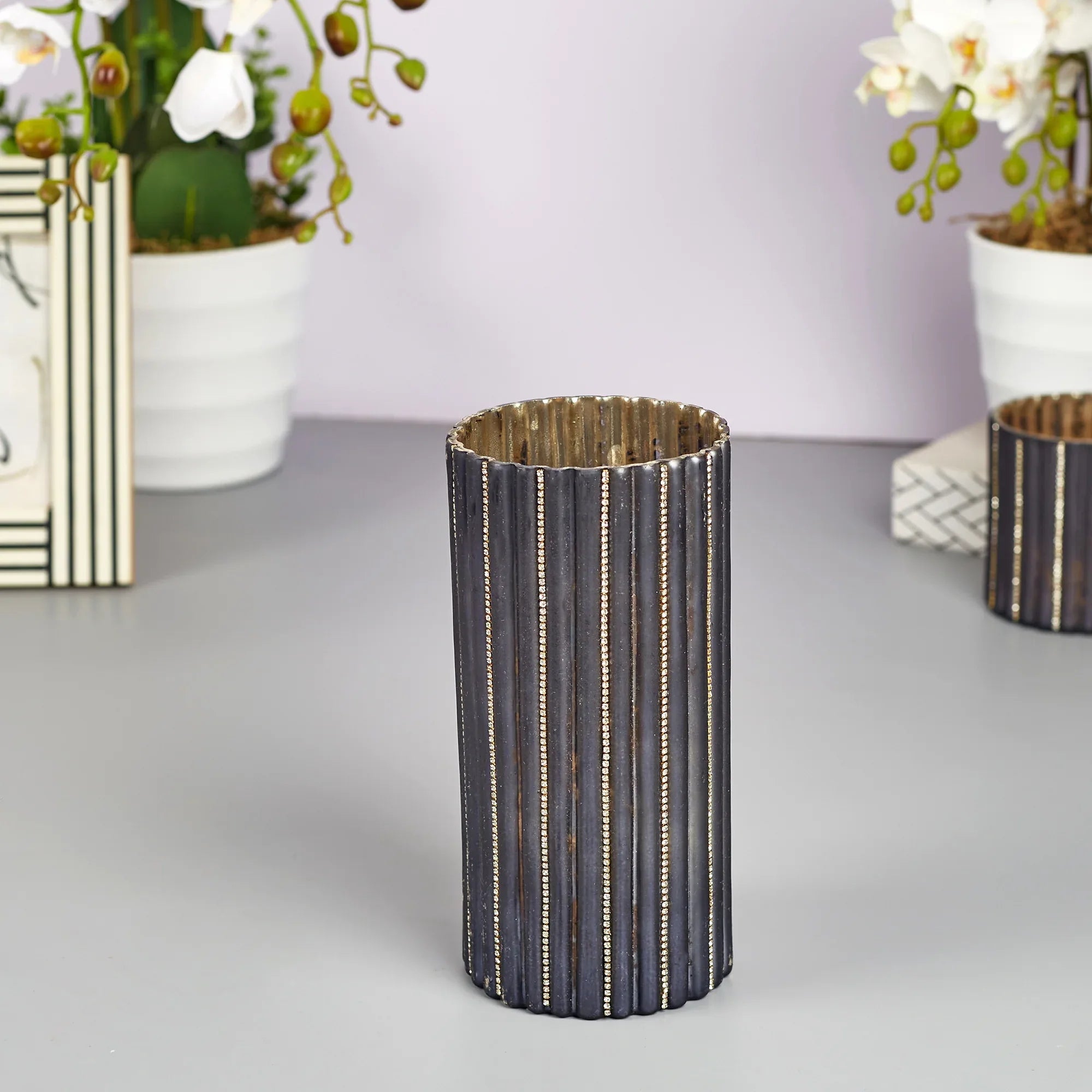 Phiona Glass Diamond Stud Handcrafted Votive 20 Cm in Grey Colour - HomeTown