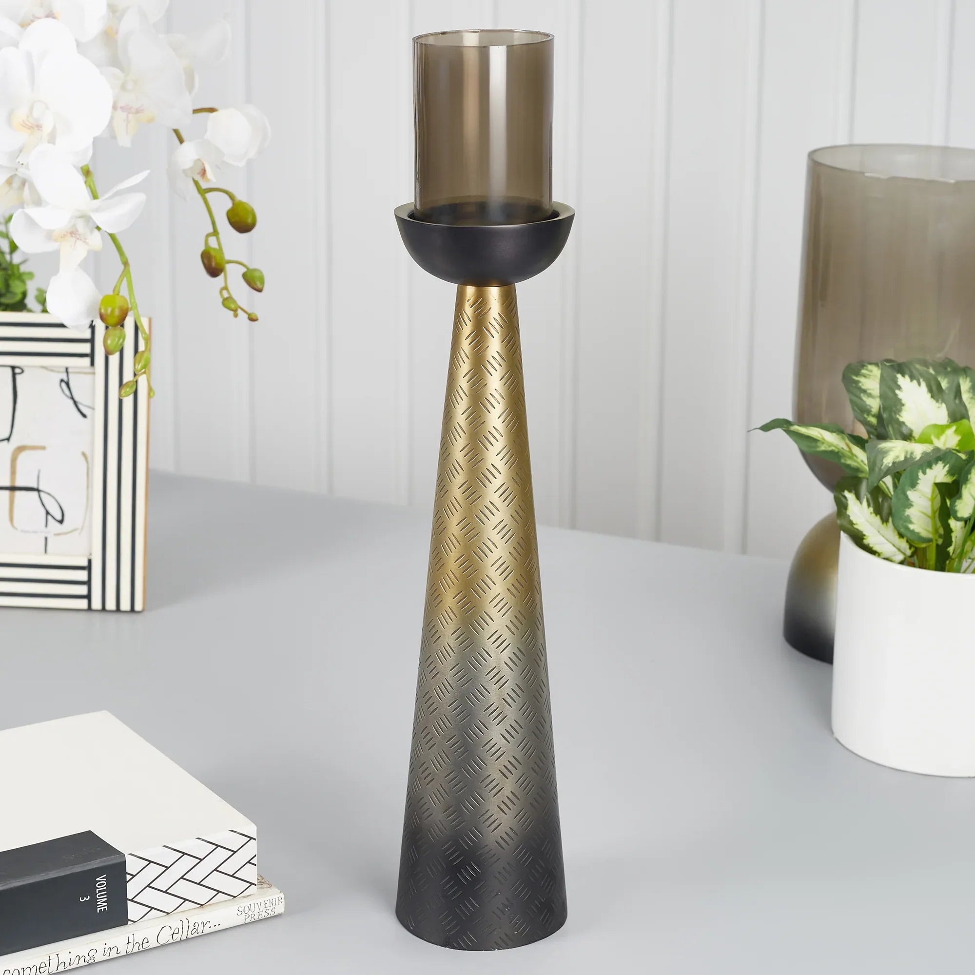 Zeus Iron and Glass Ombre Conical Candle Holder 10x47 Cm in Antique Gold & Black Colour - HomeTown