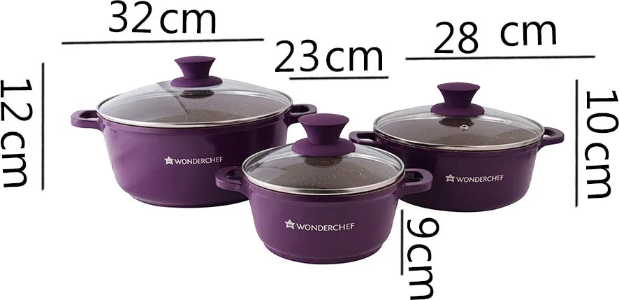 Granite Non-Stick Aluminium Cookware 3 pcs Set 3.5mm with Dosa Tawa Free in Purple Colour - HomeTown