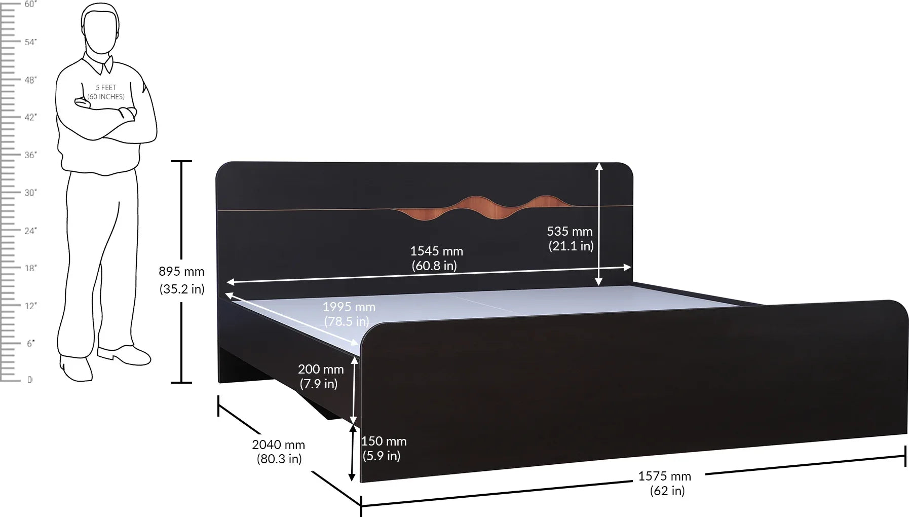 Swirl Queen bed without storage in Dark Oak Colour - HomeTown