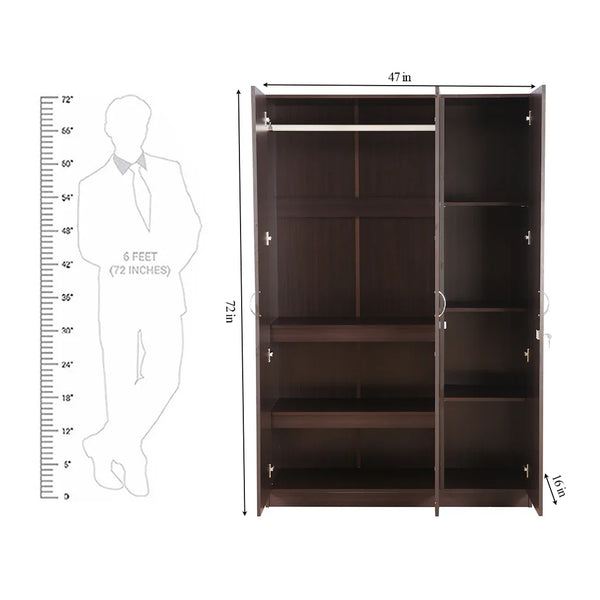 Willy Engineered Wood 3 Door Wardrobe in Walnut Finish dimensions