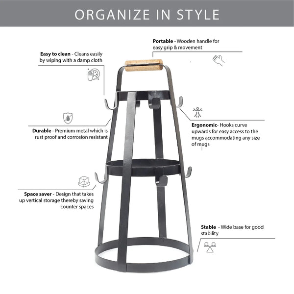 Lattice Metal and Wood Space Saver Mug/Cup Holder in Black Colour dimensions