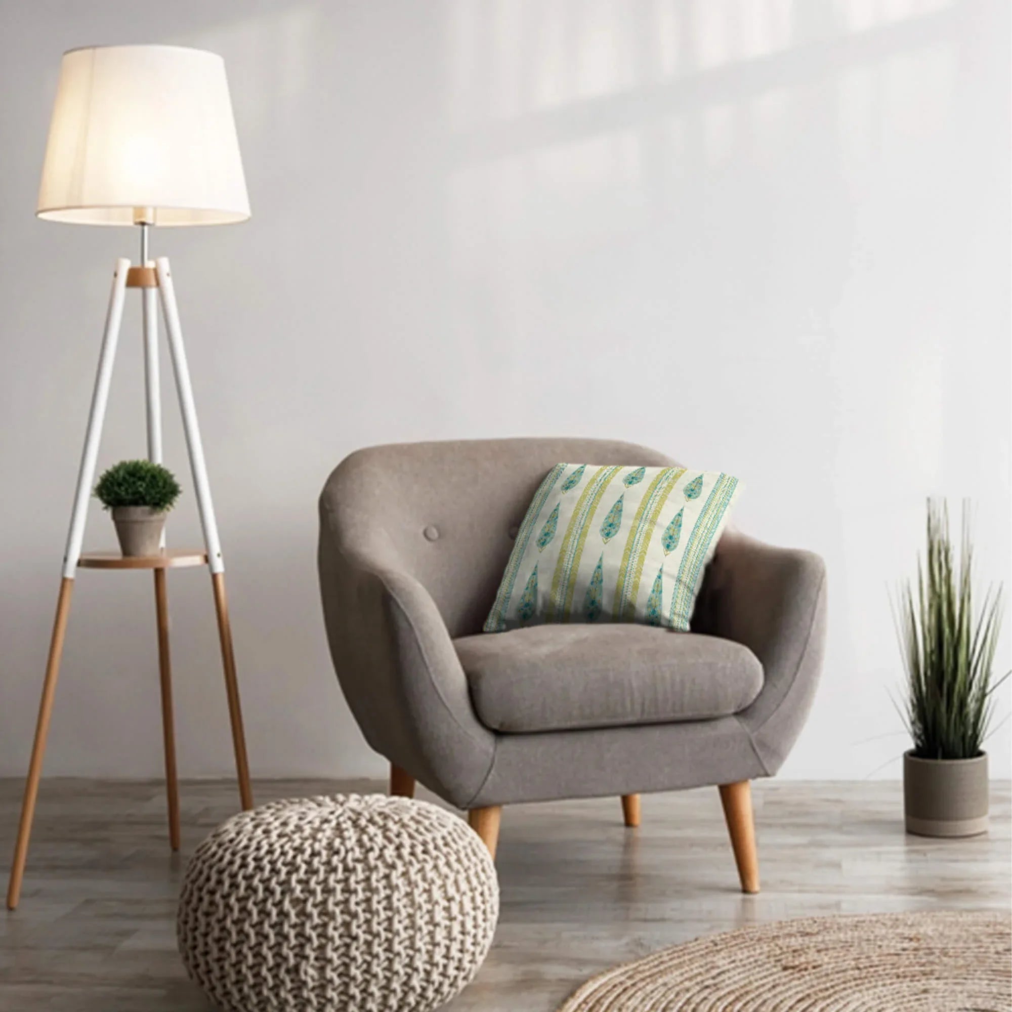 Indian Botanical Reversible Stripe Digital Printed Cushion Cover 40x40 Cm in Aqua Colour - HomeTown