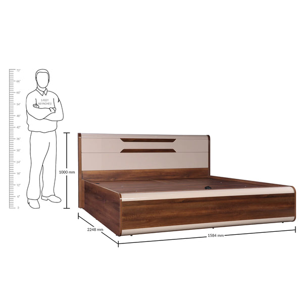 Canterbury Queen Size Bed with Hydraulic Storage in Fortune Walnut Colour dimensions