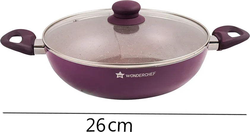 Royal Velvet Induction Bottom Non-Stick Steel Wok With Lid 26cm / 3.2 Ltr / 3mm in Purple Colour - HomeTown