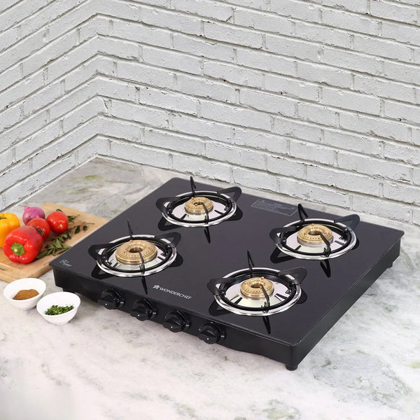 Glory 1 Glass Top,4 Brass Burners,4 Heavy Pan Supports in Black Colour dimensions