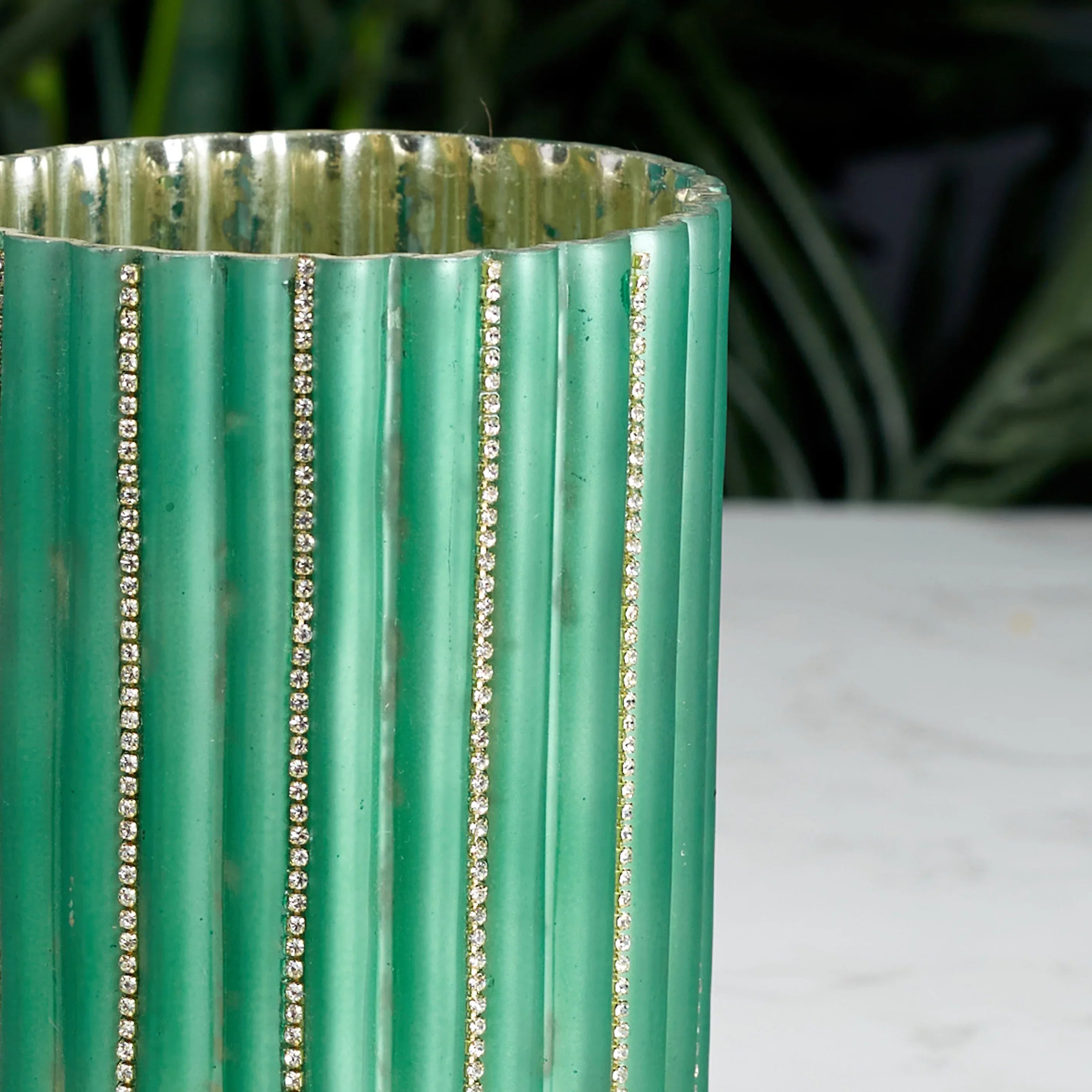 Phiona Glass Diamond Stud Handcrafted Votive 15 Cm in Emerald Colour - HomeTown