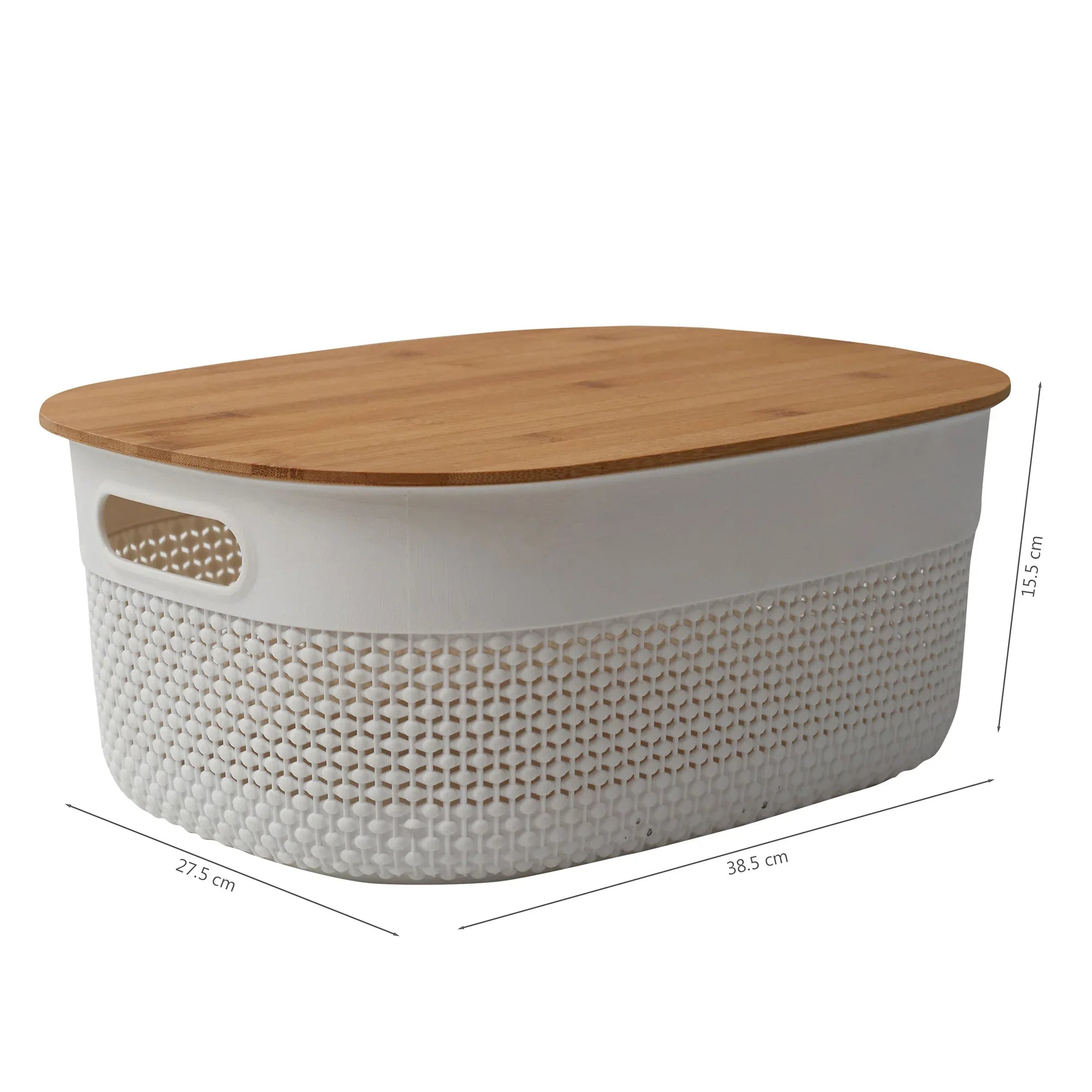 Stereo Plastic Oval Basket With Bamboo Lid 11.5 Ltr in White Colour - HomeTown