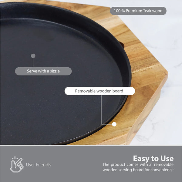 Beautiful Kitchen Metal and Wood Sizzler Plate Round in Brown Colour dimensions