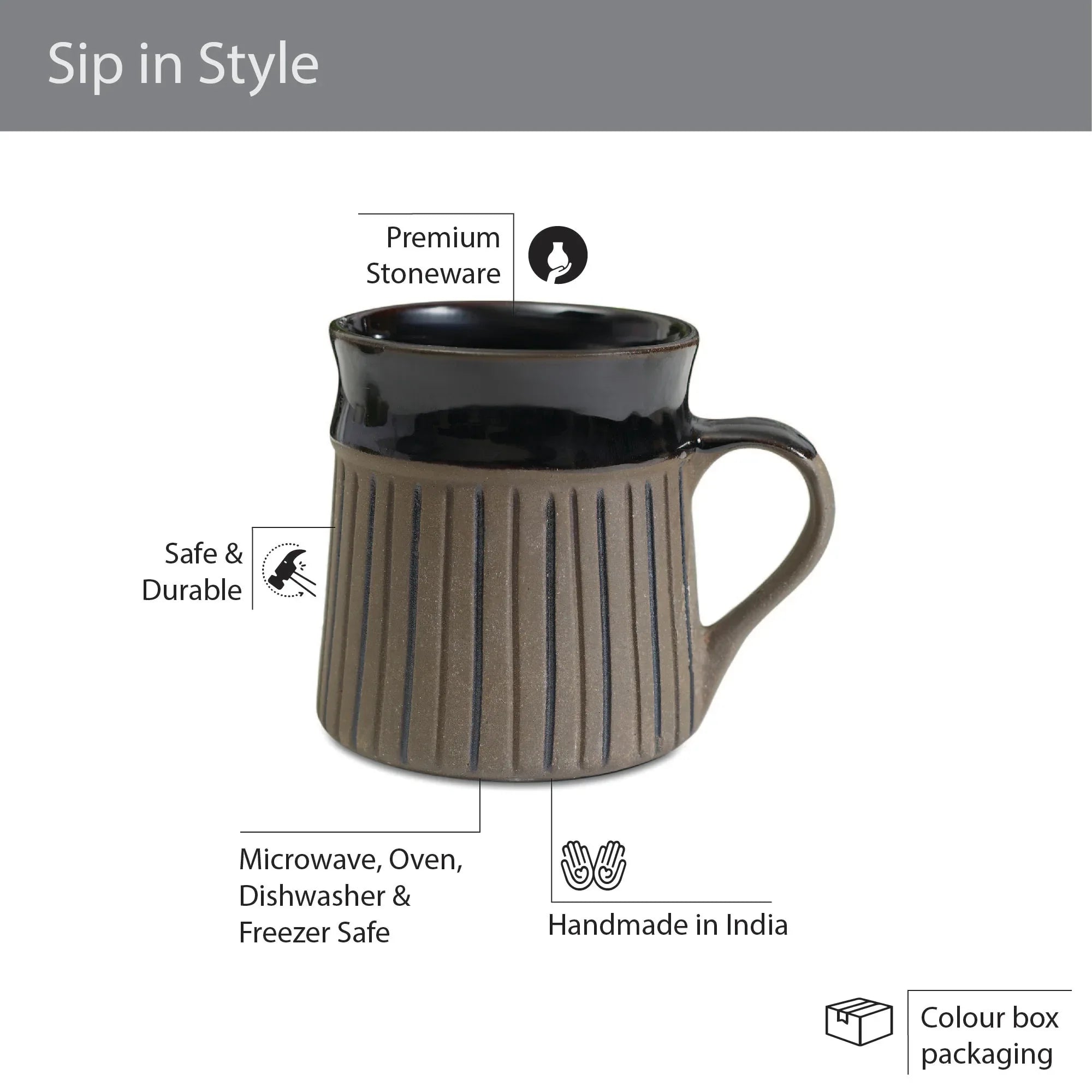 Fiesta Studio Pottery Ligne Coffee Mug 300 ML Set of 4 in Brown Colour - HomeTown