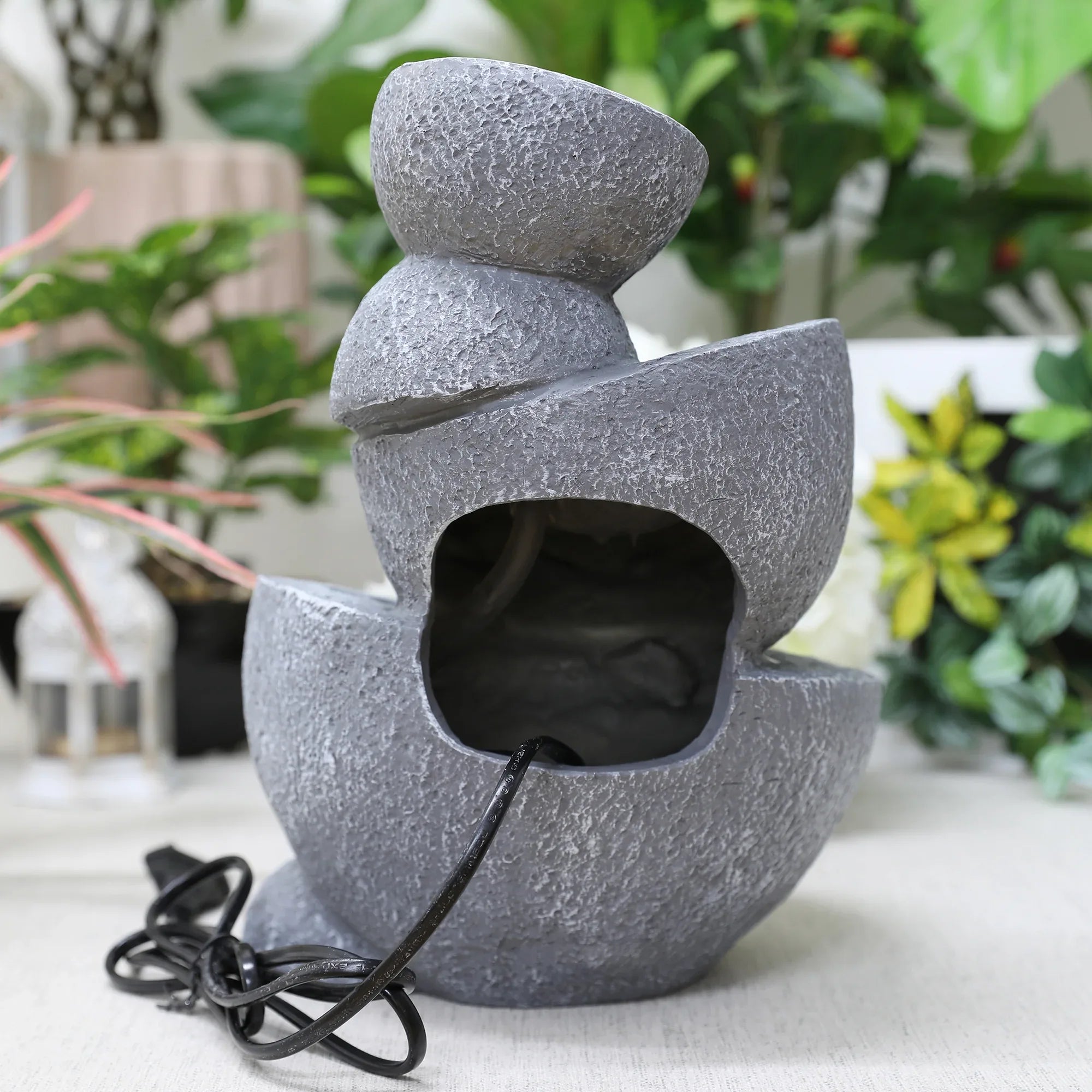 Impression Polyresin Trio Abstract Bowls Fountain 24X28Cm in Grey Colour - HomeTown