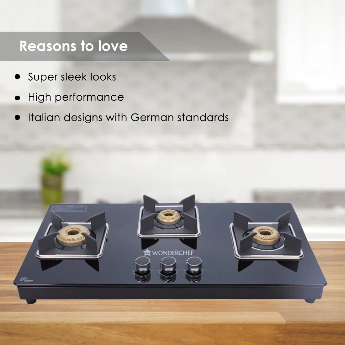 Octavia 1 - Gas Stove, 3 - Forged Brass Burners, 3 - Heavy duty pan support in Black Colour - HomeTown