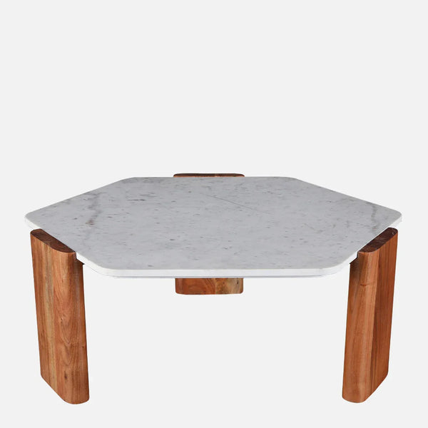 Hana Marble & Wood Center Table in White & Brown Colour dimensions