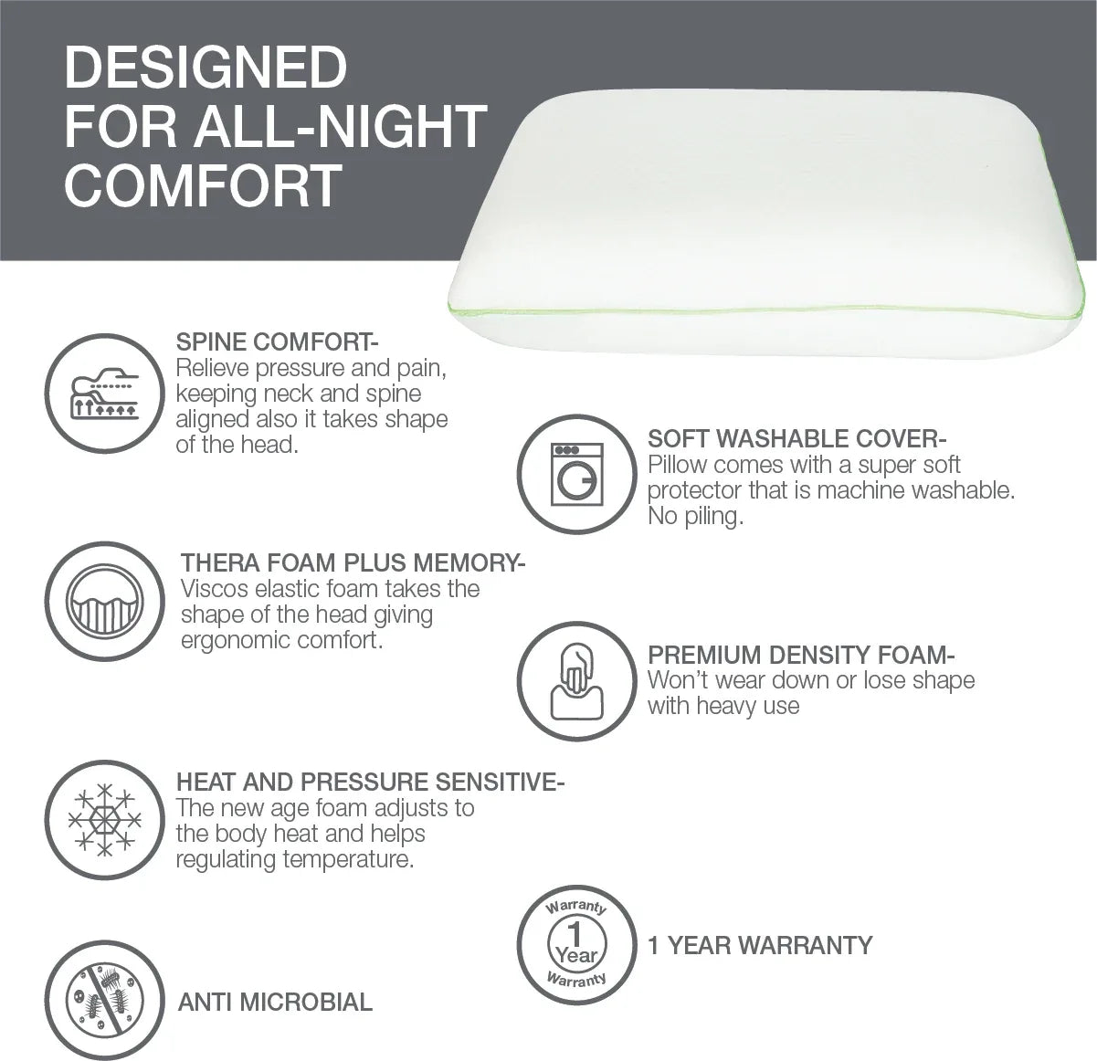 Serenity Cervical Support Memory Foam Pillow 60X40X12 Cms for Deep Sleep in White Colour - HomeTown