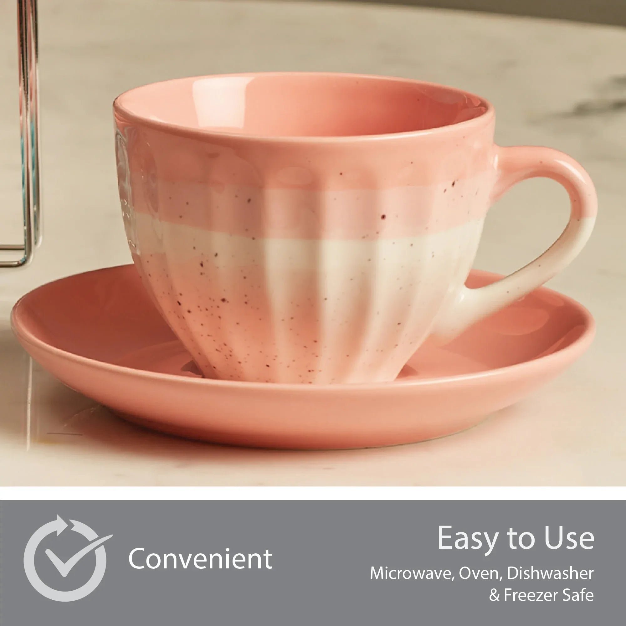 Emilia Ceramic Cup & Saucer Set Of 12 With Metal Stand in Blue & Pink Colour - HomeTown