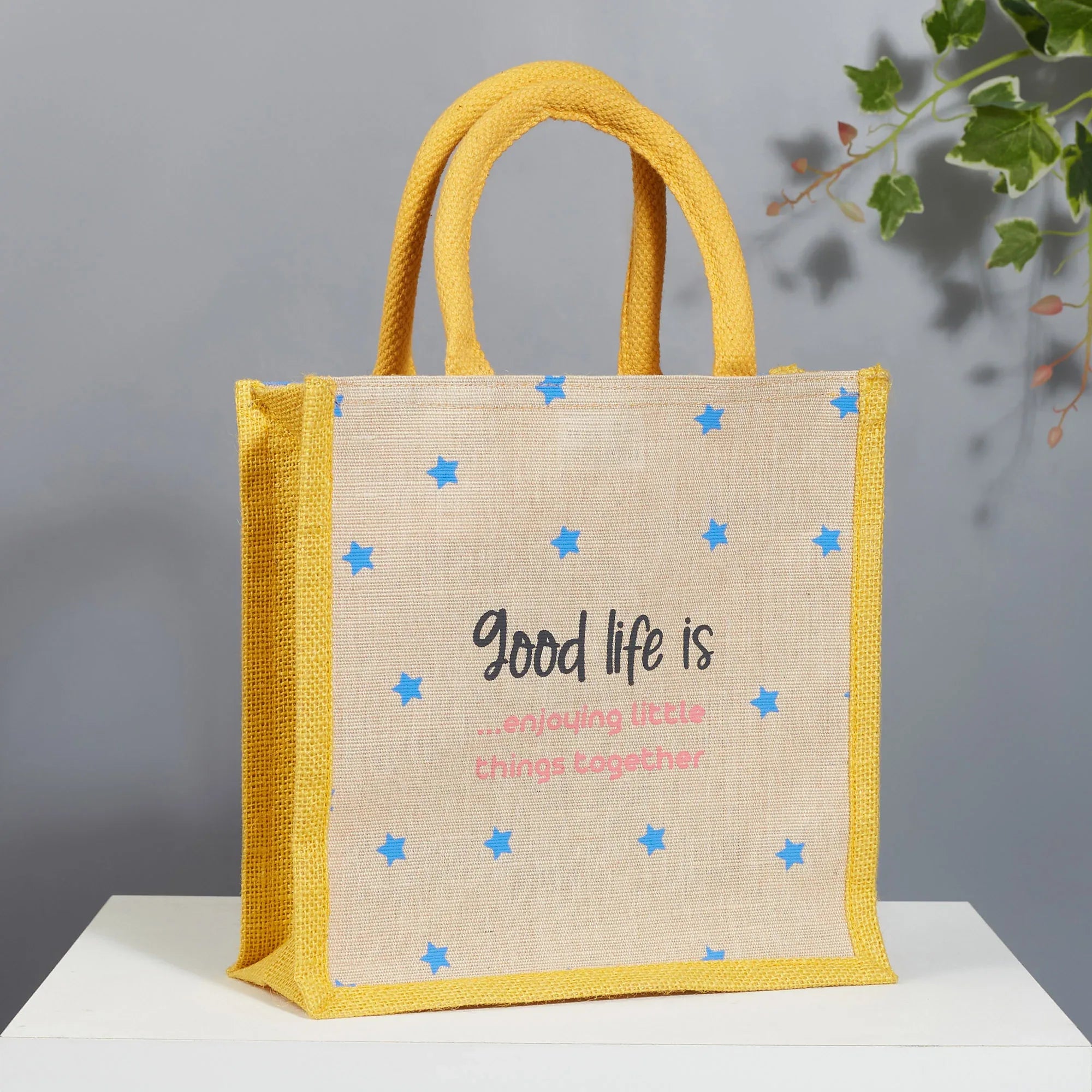Good Life Jute Reversible Stary Night Printed Lunch Bag 25.5 x 25.5 Cm in Navy Blue & Yellow Colour - HomeTown