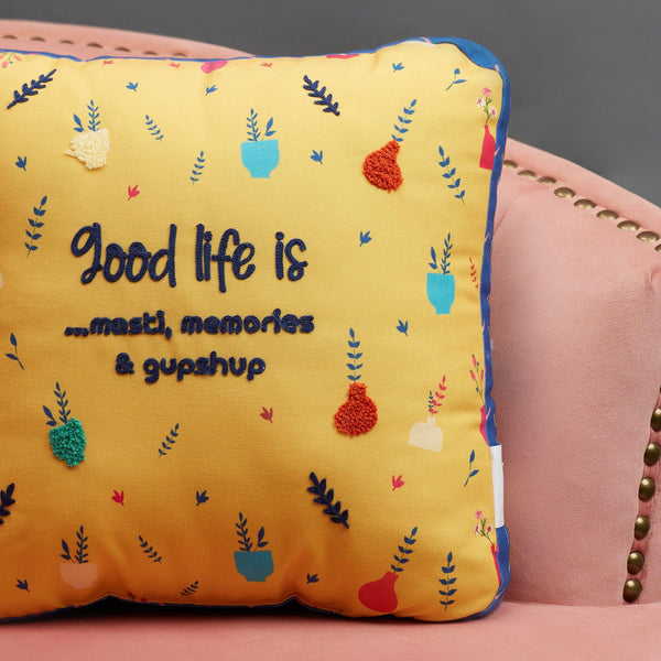 Good Life  Reversible GupShup Digital Printed Shaped Cushion 40x40 Cm in Yellow Colour dimensions