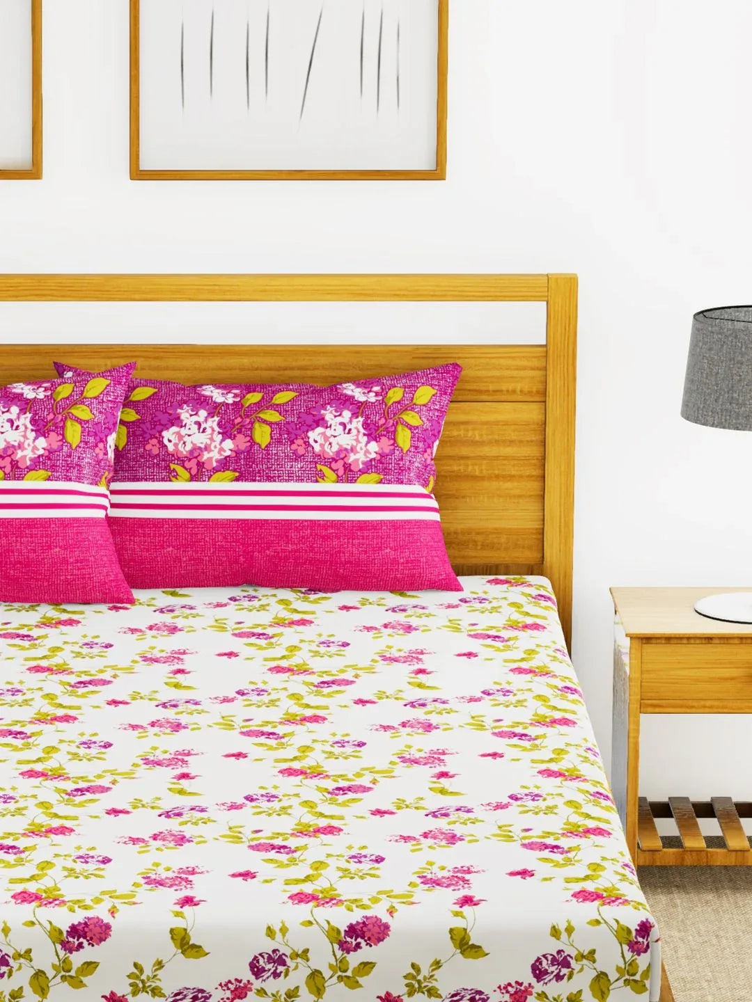 Chantal Cotton Double Bed Sheet 229X274 Cm 210 Tc in White/Plum Colour