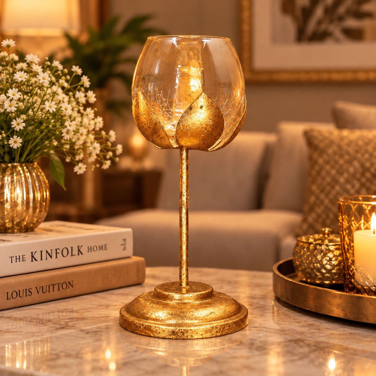 CGI Luxe Utsav Lotus Goblet S Tea Light Gold Finish | 9X9X21 cm