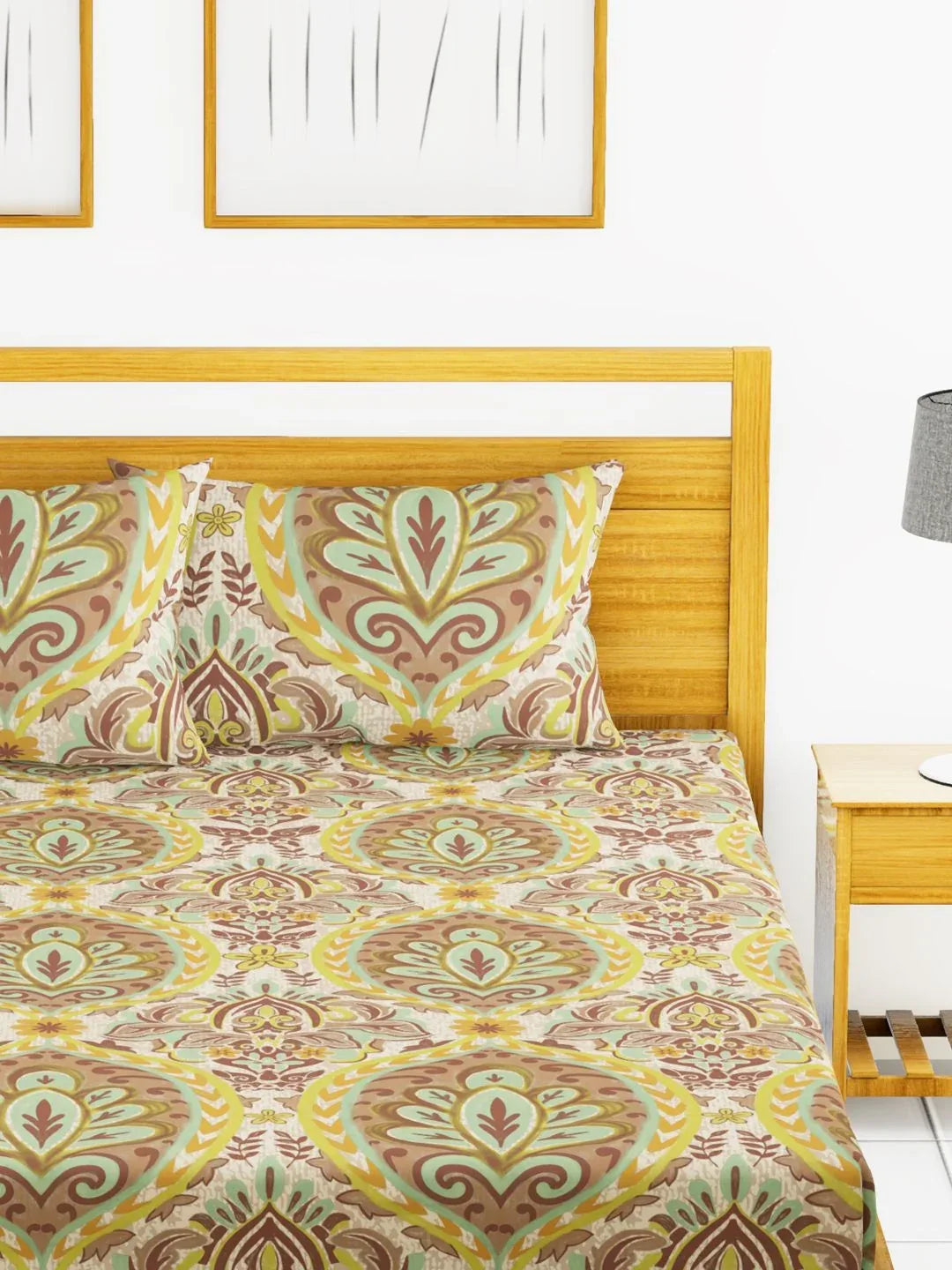 Callista Cotton King Bed Sheet 274X274 Cm in Mustard/Brown Colour - HomeTown