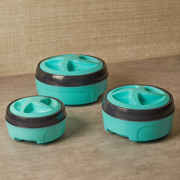 Fiesta Plastic and Stainless Steel Trio Double-Wall Insulated Casserole Set Of 3 in Teal Colour dimensions