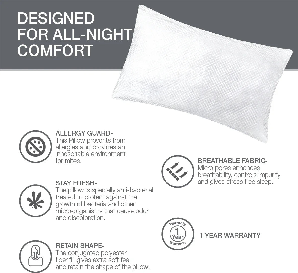 Allergy Guard Anti-Bacterial Pillow 46X68 Cm in White Colour - HomeTown