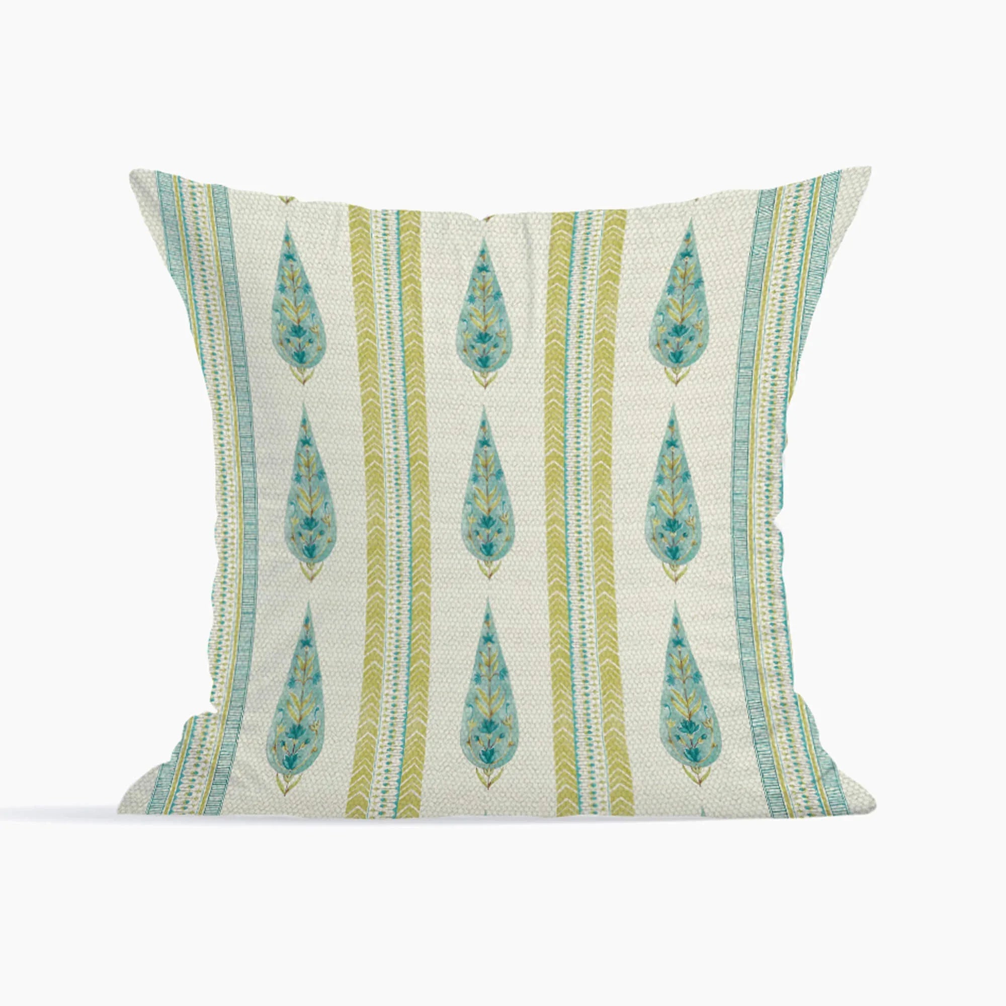 Indian Botanical Reversible Stripe Digital Printed Cushion Cover 40x40 Cm in Aqua Colour - HomeTown