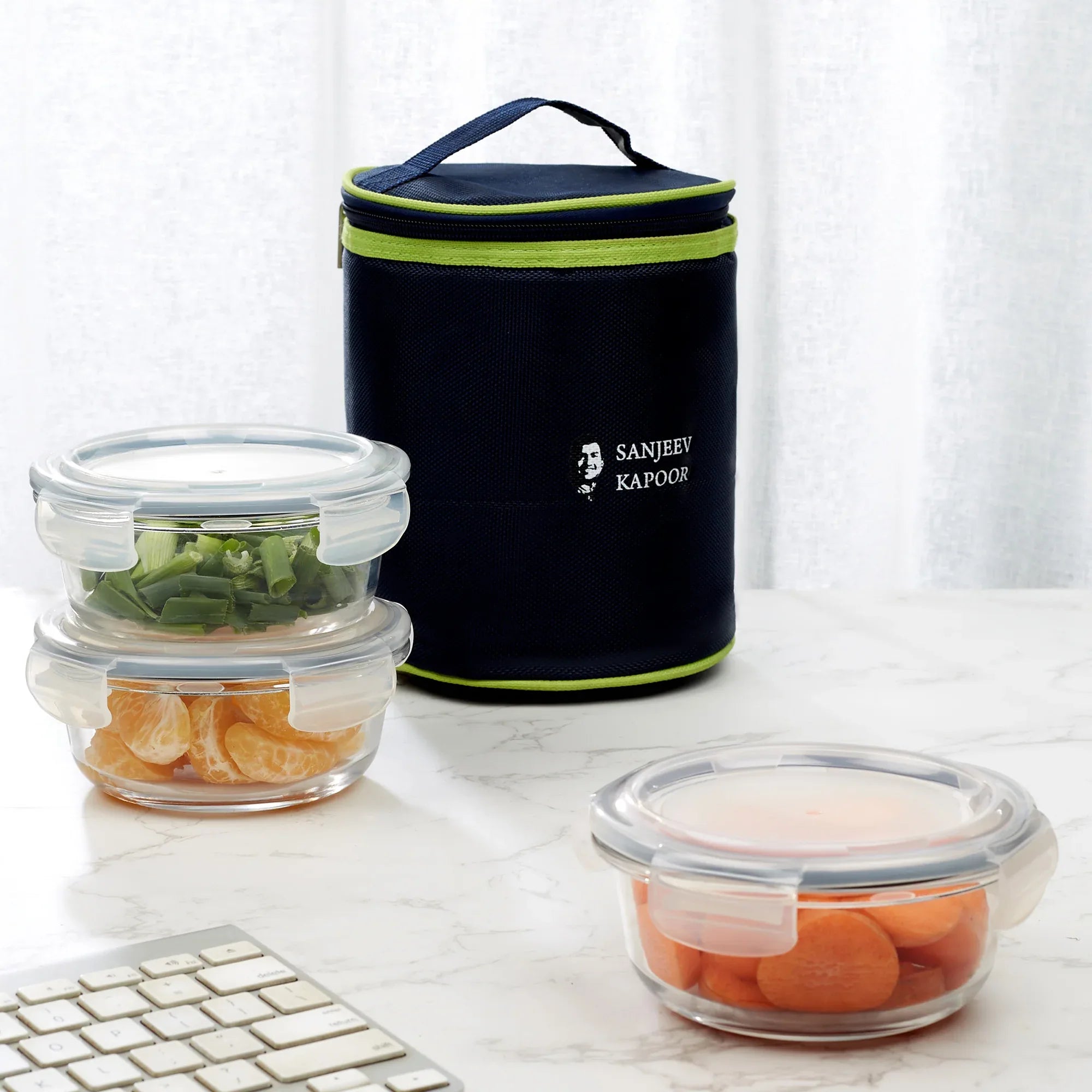 Boston Borosilicate Glass Microwave Safe Round Lunch box 400ml Set of 3 + Carry Bag in Blue Colour - HomeTown