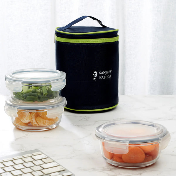 Boston Borosilicate Glass Microwave Safe Round Lunch box 400ml Set of 3 + Carry Bag in Blue Colour dimensions