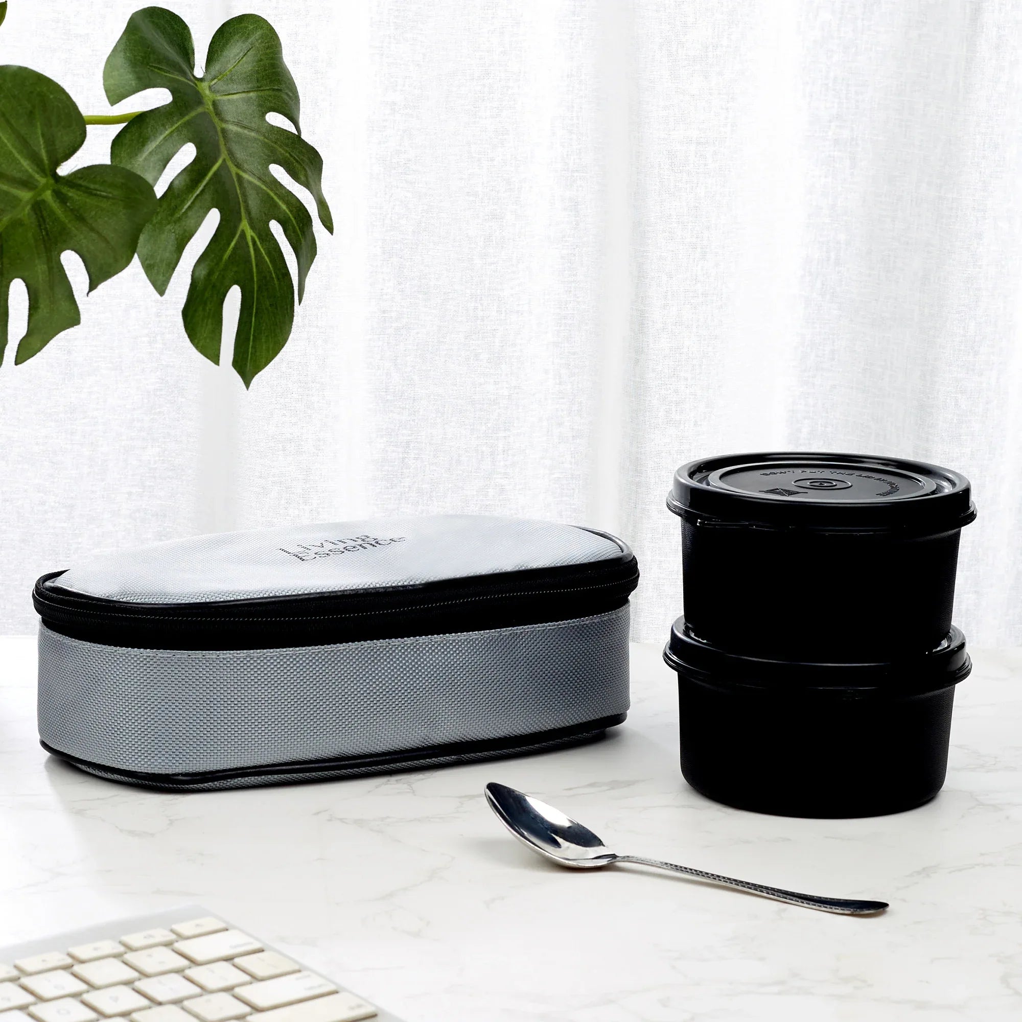 Microsafe 100% BPA Free Plastic & Stainless Steel Mega Lunch Box 400ml Set of 2 + Carry Bag in Grey Colour - HomeTown