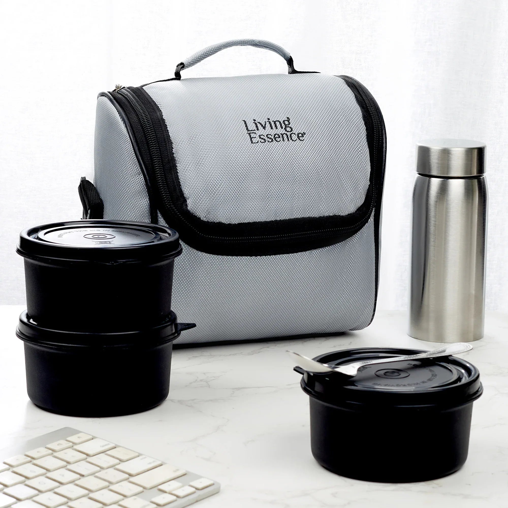 Microsafe 100% BPA Free Plastic & Stainless Steel Exa Lunch Box 400ml Set of 3 + Steel Bottle 500ml + Spoon + Carry Bag in Grey Colour - HomeTown