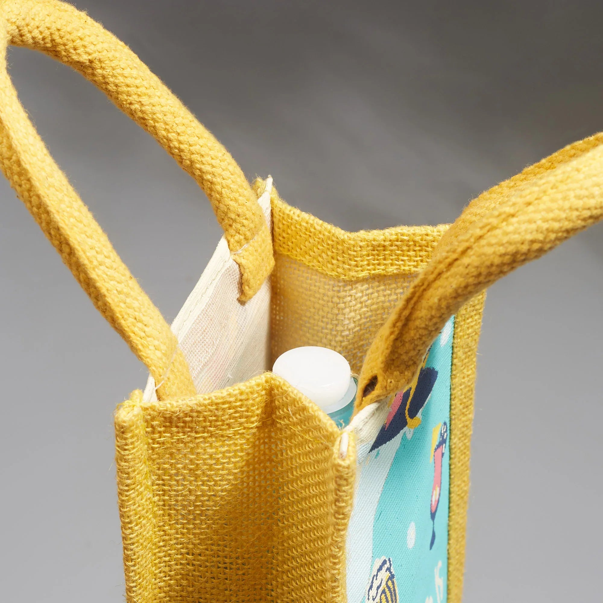 Good Life Jute Reversible Stay Hydrated Printed Zuco Bottle Bag 12 x 35.5 Cm in Turq & Yellow Colour - HomeTown
