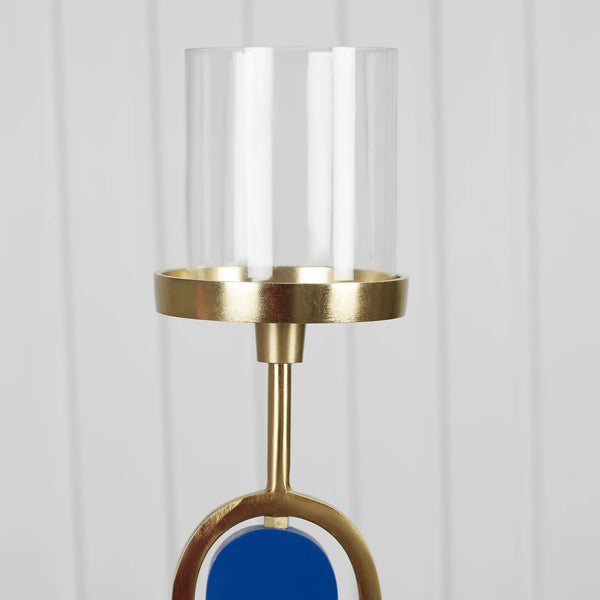 Athena Wood, Metal and Glass Oval Candle Holder 10x50 Cm in Navy Blue Colour dimensions