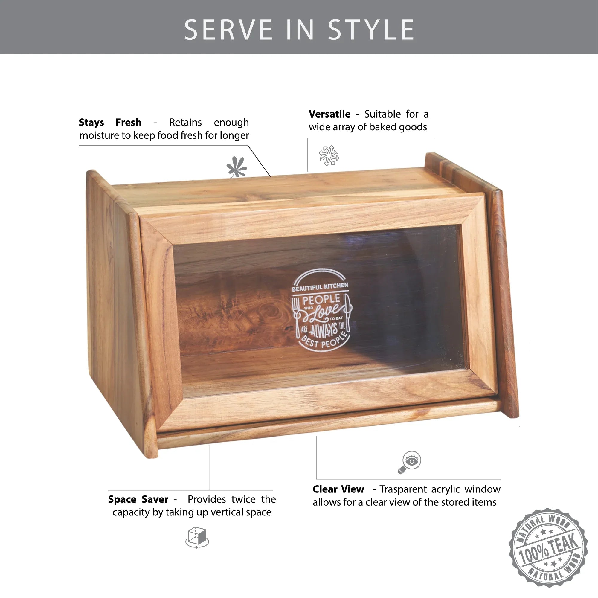 Beautiful Kitchen Wood and Acrylic Bread Box in Brown Colour - HomeTown