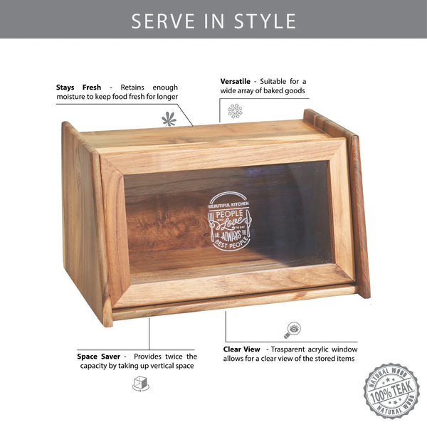 Beautiful Kitchen Wood and Acrylic Bread Box in Brown Colour dimensions