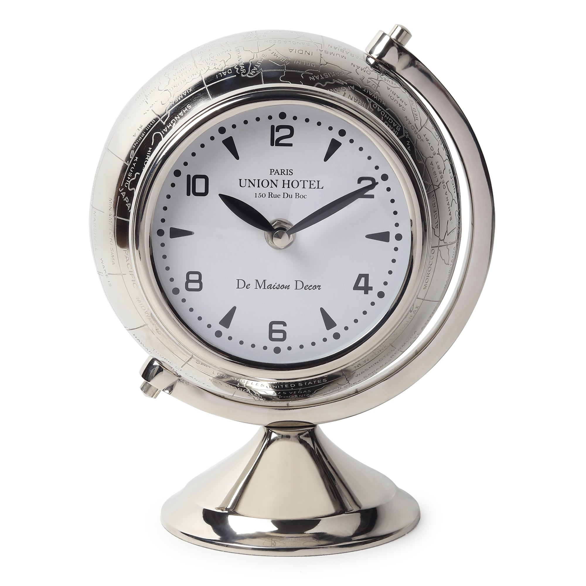 The Etched World Table Clock in Silver