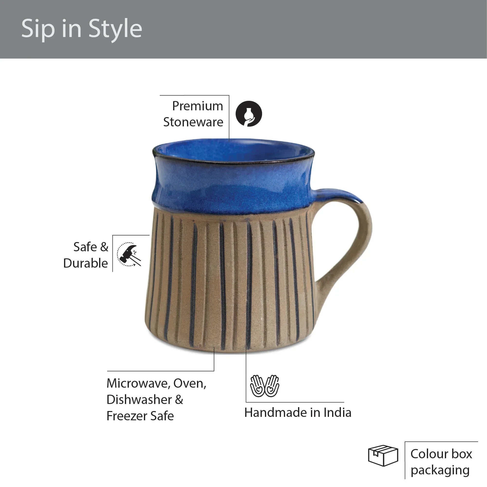 Fiesta Studio Pottery Unico Coffee Mug 300 ML Set of 4 in Cobalt & Brown Colour - HomeTown