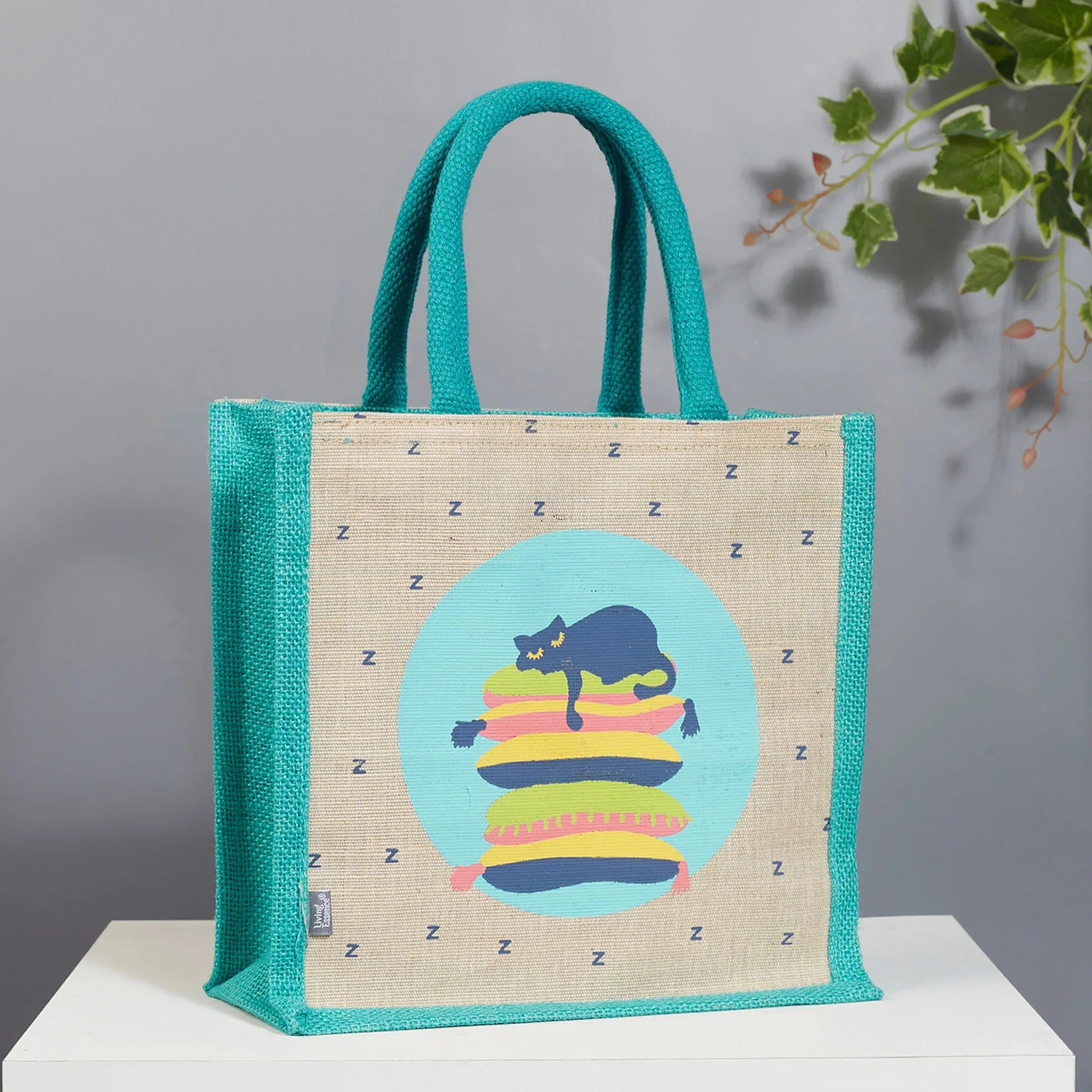 Good Life Jute Reversible Lazy Lamhe Printed Lunch Bag 25.5 x 25.5 Cm in Turq Colour - HomeTown