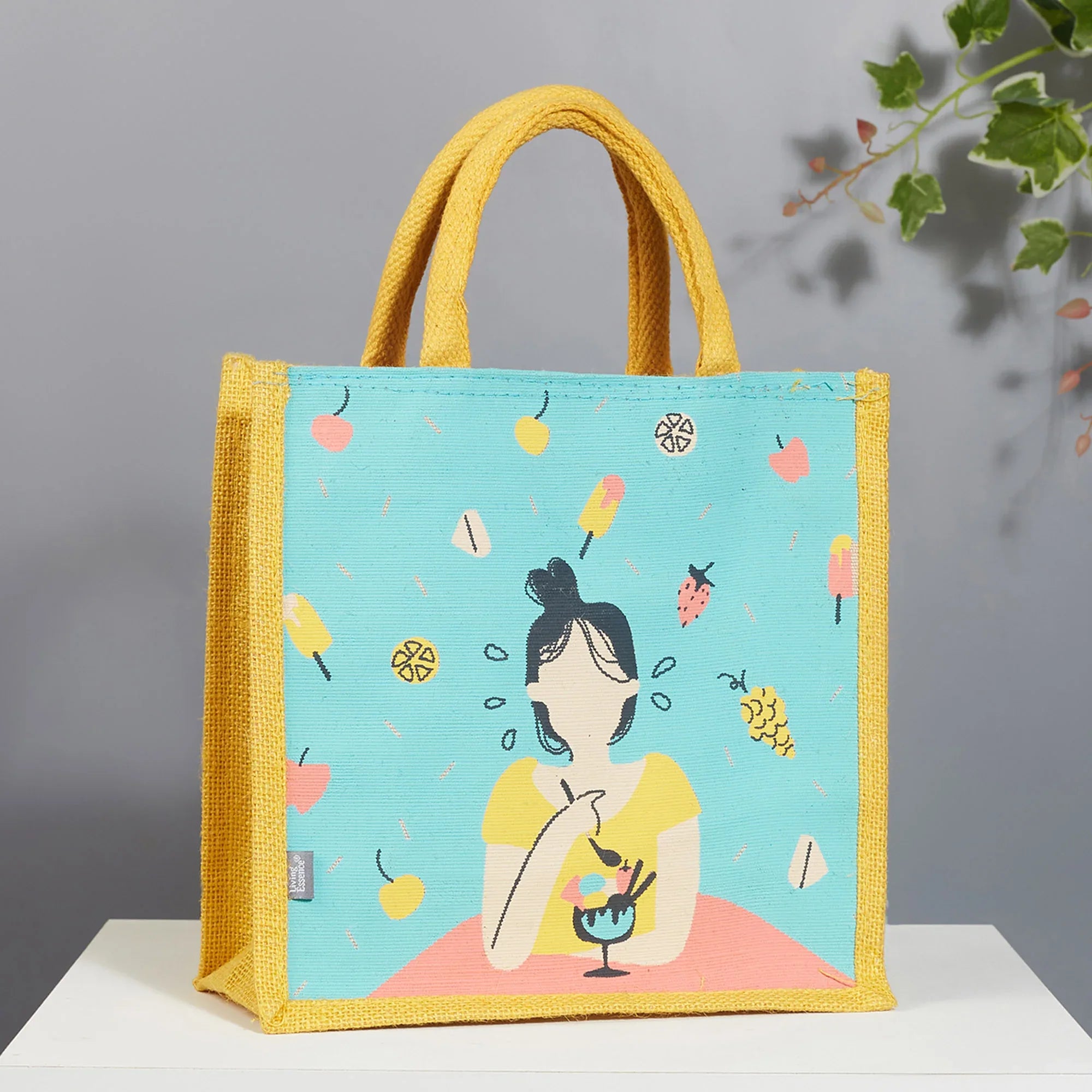 Good Life Jute Reversible Dessert Printed Lunch Bag 25.5 x 25.5 Cm in Turq & Yellow Colour - HomeTown