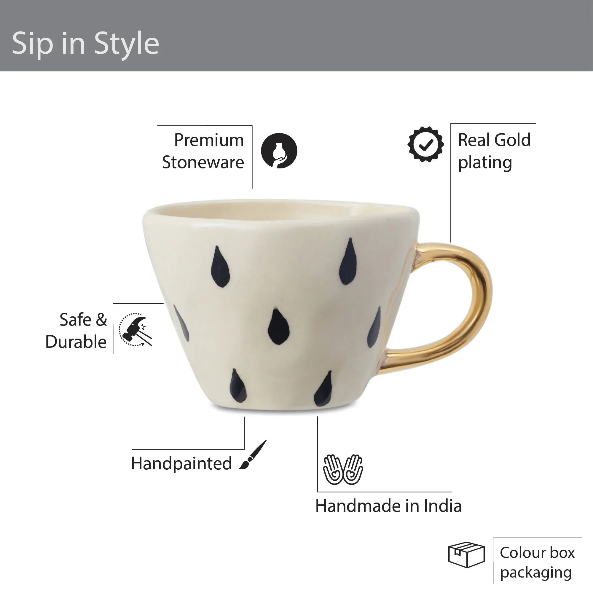 Fiesta Studio Pottery Droplet Tea Mug 250 ML Set of 4 with Real Gold Plating in Black & White Colour - HomeTown