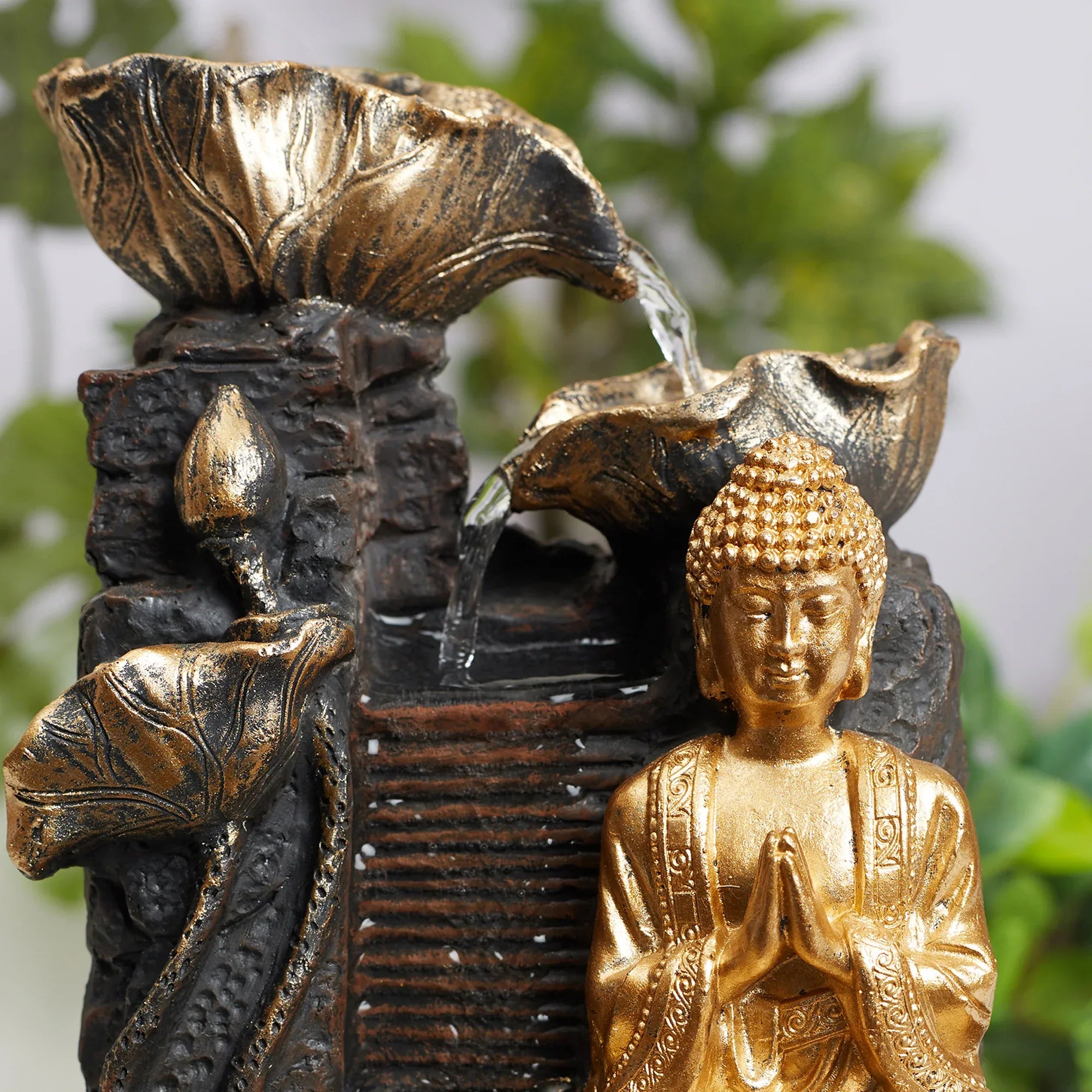 Impression Polyresin Buddha Petal Water Fountain 21x17x25 Cm in Antique Gold Colour - HomeTown