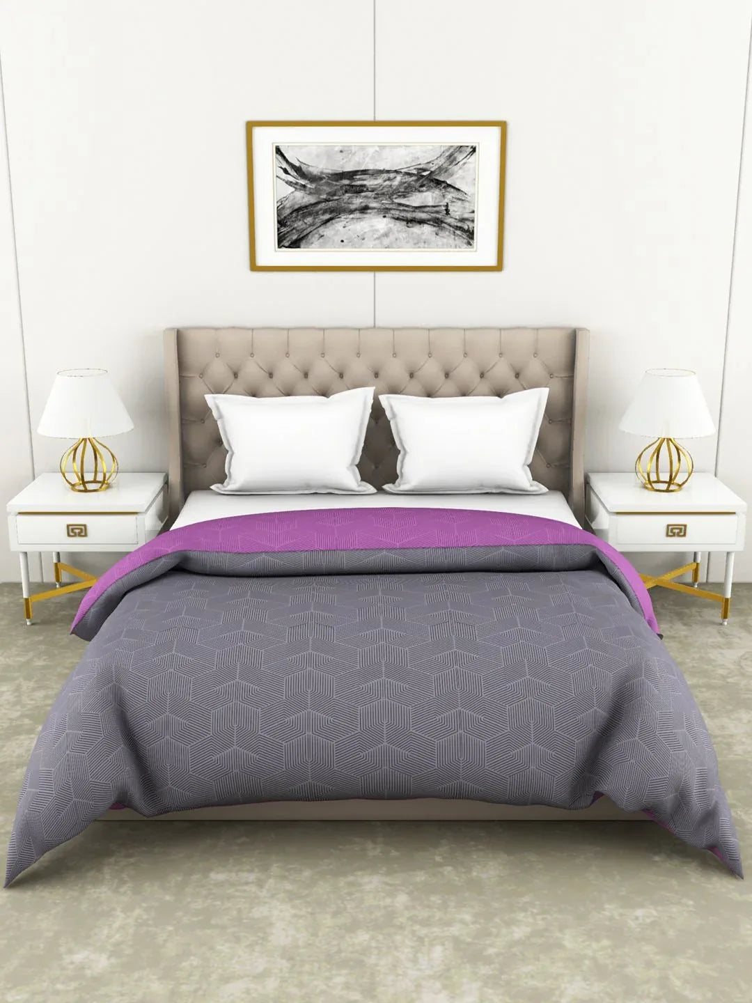 Botanical Cotton Double Comforter 229X254 Cm 210 Tc in Grey/Purple Colour - HomeTown